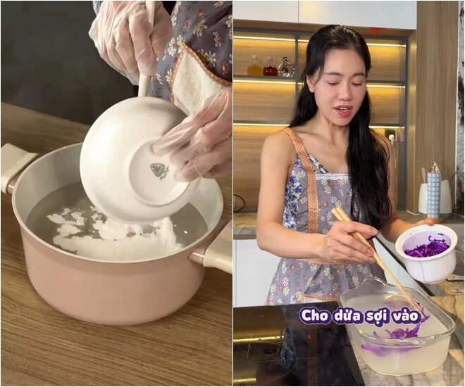  Phạm Kim Dung tiếp tục đổ phần bột rau câu đã hòa tan với đường vào nồi nước dừa tươi trên bếp. Cô không quên lưu ý người xem: Rau câu này mình cứ mua sẵn ở siêu thị và họ có định lượng. Lúc nấu rau câu mình đừng để lửa lớn quá nha cả nhà. Mình để lửa vừa vừa thôi, trung bình thôi. Xong rồi nấu nó sẽ từ từ tan. Thường mình nấu đồ ngọt là mình phải luôn luôn dặm xíu muối để cho nó đậm đà hơn.