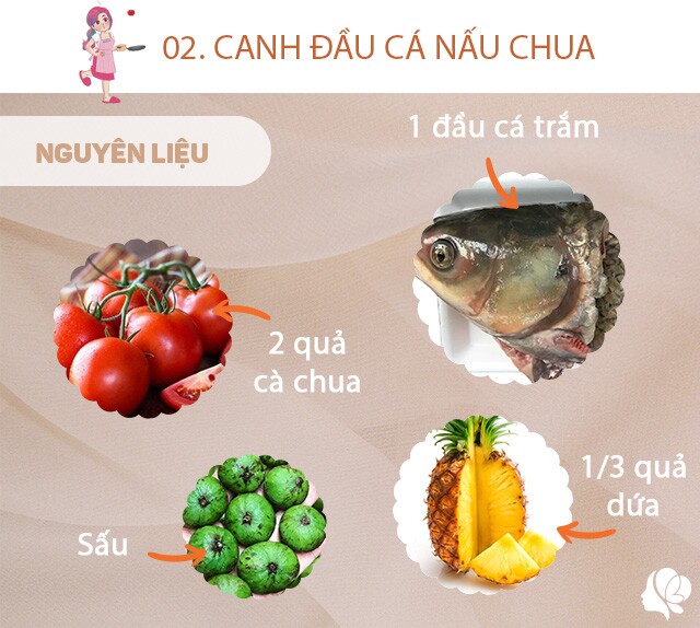 Chuẩn bị: 1 cái đầu cá trắm to, 1/3 quả dứa, 100g đậu bắp, 2 quả cà chua, 6 quả sấu, hành lá, thì là, ớt tươi, muối, dầu ăn, gừng, tỏi. 