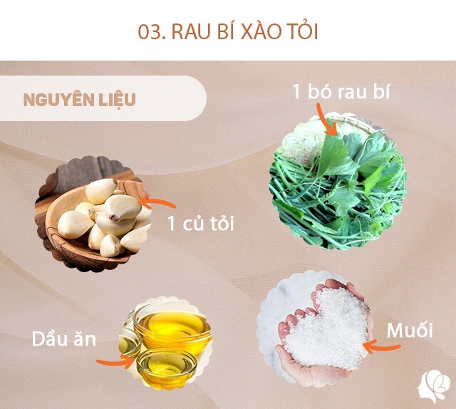 Chuẩn bị: 1 bó rau bí, tước xơ sạch; 1 củ tỏi, dầu ăn, muối.