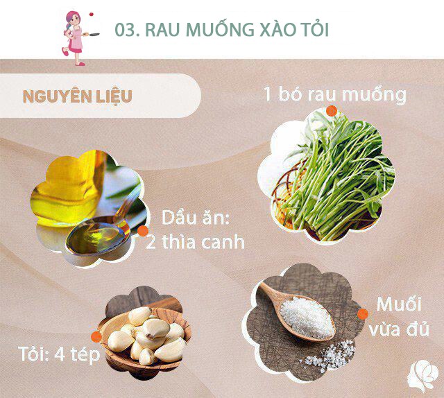 Chuẩn bị: 1 bó rau muống, 2 thìa dầu ăn, muối vừa đủ, 4 tép tỏi.