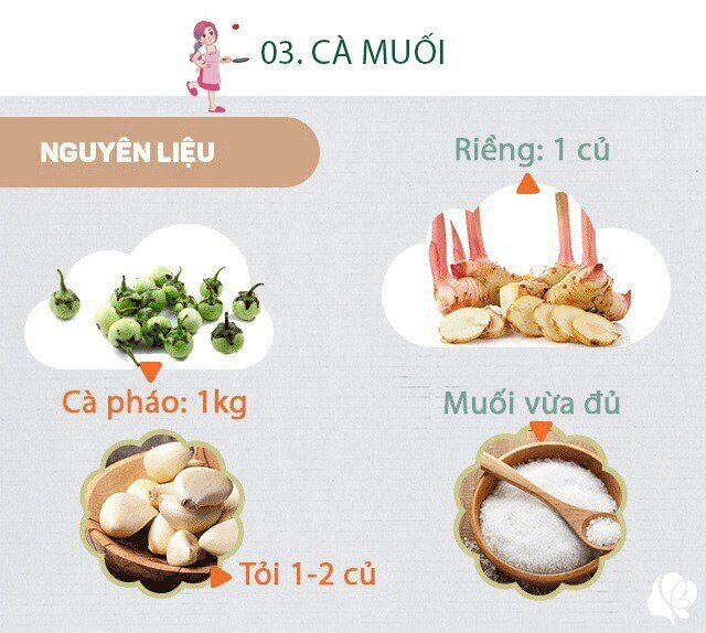Chuẩn bị: - 1kg cà pháo - 1/2 củ riềng; Tỏi 2 củ tỏi to -  Ớt quả: tùy độ cay, mình cho khoảng 10 quả -  Tương ớt: 1 bát con ăn cơm -  Đường cát: 1/2 bát con ăn cơm - Giấm ăn: 3 thìa canh (thìa ăn phở, tùy độ chua gia giảm) - Muối tinh - Nước vo gạo (để ngâm cà, khi vo gạo nấu cơm để lại phần nước vo gạo).