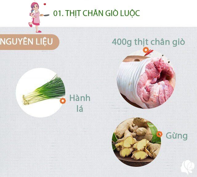 Chuẩn bị: 400g thịt chân giò ngon, ít gừng, hành lá.