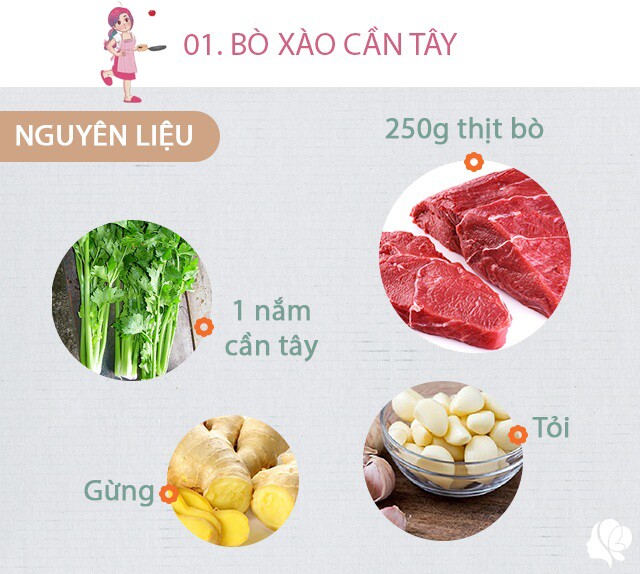 Nguyên liệu: 200g thịt bò, 100g cần tây, 1 lòng trắng trứng gà, 4 tép tỏi, ớt đỏ (tùy theo khẩu vị), muối, 2 muỗng nước tương, 1 muỗng tinh bột khoai lang, 1 mẩu gừng, dầu ăn vừa đủ, một ít nước lọc