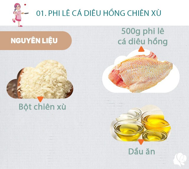 Chuẩn bị: 500g phi lê cá diêu hồng, rửa sạch thái miếng to, bột chiên xù, dầu ăn, 1 quả trứng