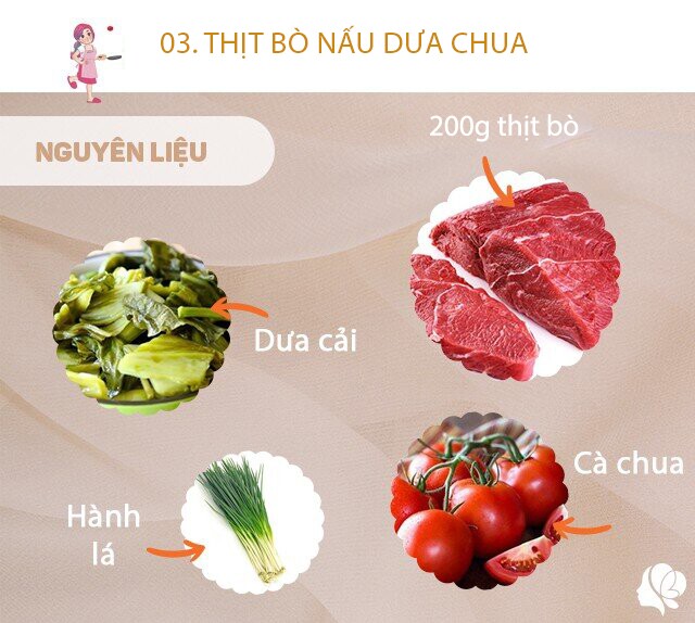Chuẩn bị: 200g thịt bò (có thể chọn thịt dẻ sườn, phần thịt có gân), 2 bát ăn cơm dưa cải, 1 quả cà chua, hành lá, tỏi, gừng.