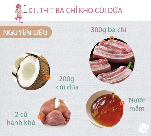 Chuẩn bị: 300g ba chỉ, 200g cùi dừa, 2 củ hành khô, nước mắm, muối, nước hàng, 10 quả trứng cút luộc.