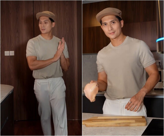 Lâm Bảo Châu xuất hiện bảnh bao với trang phục gọn gàng và chiếc mũ nồi khi vào bếp. Vóc dáng săn chắc của anh chàng trở thành tâm điểm chú ý mỗi khi xuất hiện.