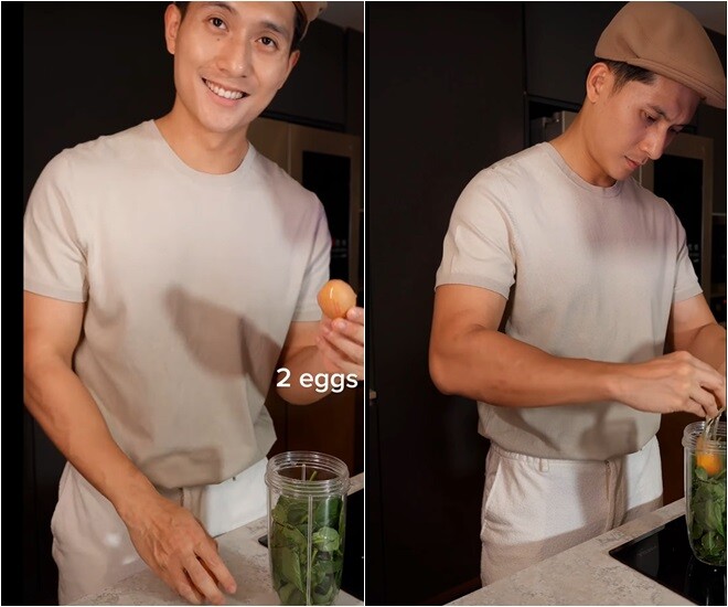 Nam người mẫu bật cười khi cầm quả trứng vỡ trong tay. Anh chàng thực hiện công đoạn xay trứng và cải bó xôi. Vẻ ngoài nam thần của anh chàng luôn khiến fan hâm mộ phải trầm trồ.