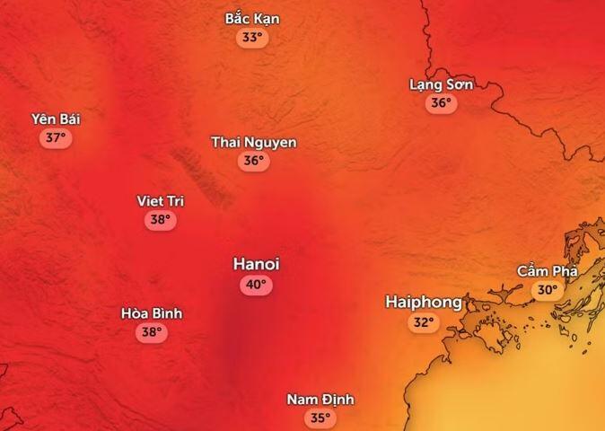 Dự báo nhiệt độ cảm nhận ở một số khu vực tại miền Bắc chiều mai, 14/4. Ảnh: Zoom Earth, OpenStreetMap, GFS.