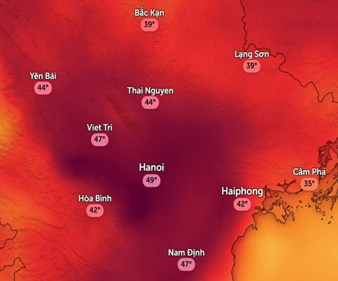 Dự báo nhiệt độ cảm nhận ở một số khu vực tại miền Bắc chiều mai, 6/4, theo mô hình ICON. Ảnh: Zoom Earth, OpenStreetMap, ICON.