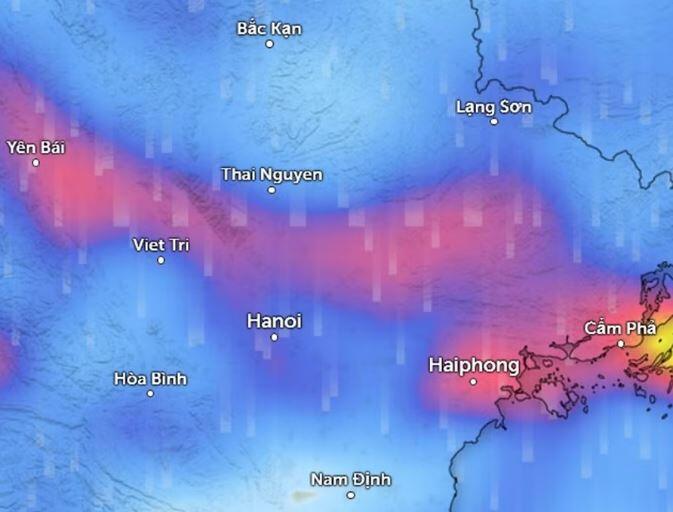 Dự báo mưa diện rộng ở miền Bắc vào sáng mai, 17/4 (những vùng màu xanh da trời là mưa nhỏ đến vừa, màu đỏ là mưa vừa đến mưa to, màu vàng là mưa rất to). Ảnh: Zoom Earth, OpenStreetMap, ICON.