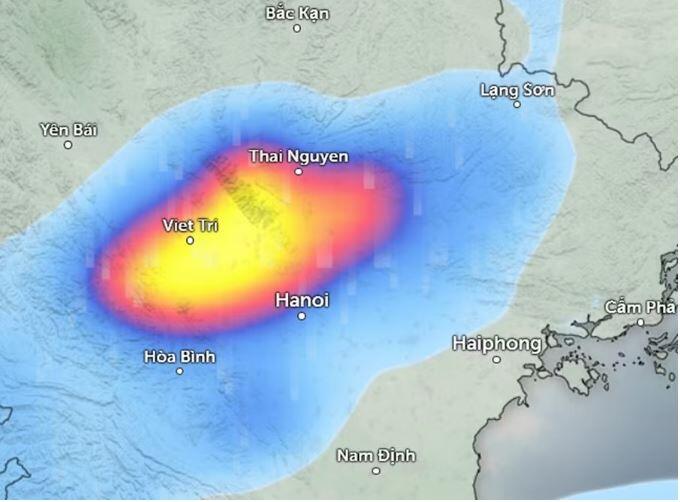 Dự báo mưa ở một số khu vực tại miền Bắc sáng mai, 9/5. Ảnh: Zoom Earth, OpenStreetMap, ICON.