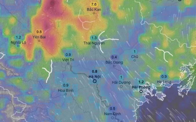 Dự báo miền Bắc có mưa diện rộng vào ngày 17/4 (những con số trong hình là lượng mưa trong khoảng 3 giờ). Ảnh: Ventusky, ECMWF.