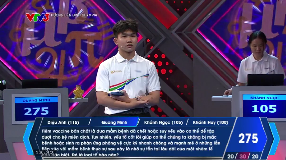 Quang Minh bước vào lượt thi Về đích của mình với 1 câu trả lời đúng. Khánh Huy đưa ra 1 đáp án chính xác, lấy đi 30 điểm của Quang Minh. Kết thúc lượt thi, Quang Minh có 265 điểm. 