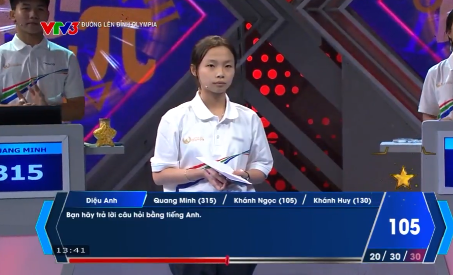 Người Về đích tiếp theo là Diệu Anh với 2 câu trả lời đúng cùng 1 ngôi sao hi vọng. Quang Minh tiếp tục bấm chuông và đưa ra đáp án đúng trong lượt thi của Diệu Anh.  