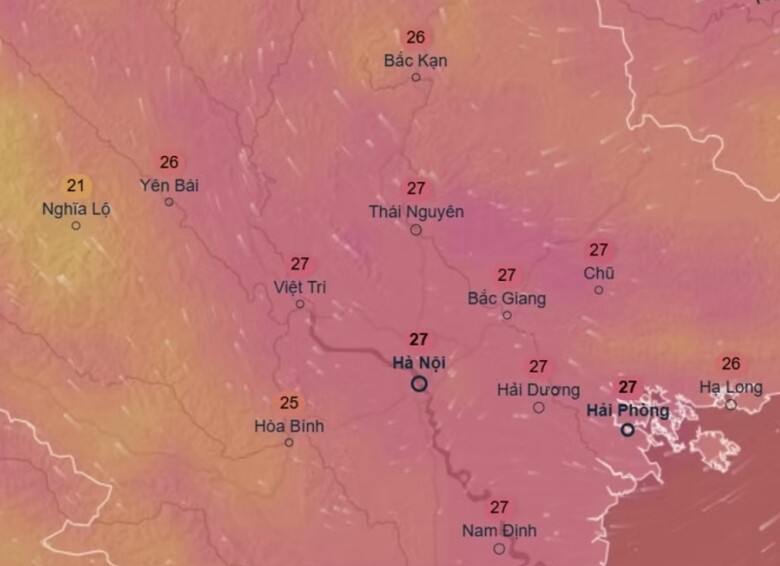 Dự báo nhiệt độ cao nhất trong ngày ở một số khu vực tại miền Bắc ngày 23/4. Ảnh: Ventusky, ICON.