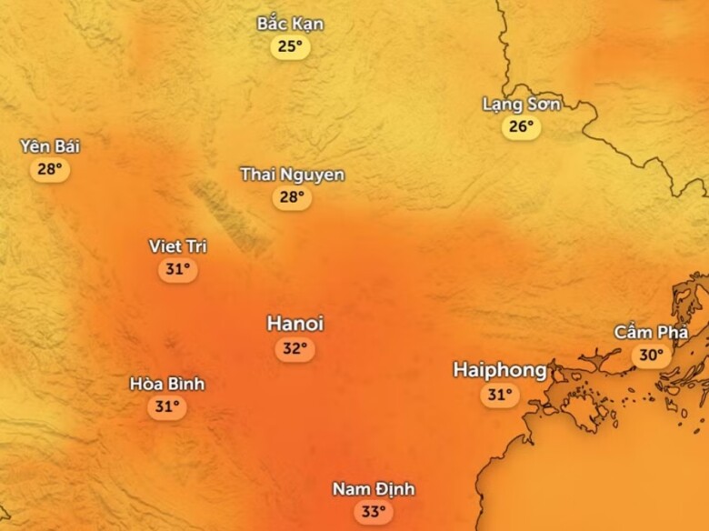 Nhiệt độ cảm nhận ở một số khu vực tại miền Bắc chiều nay, 19/4. Ảnh: Zoom Earth, OpenStreetMap, ICON.