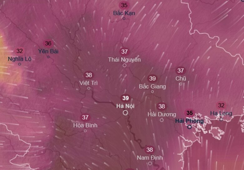 Dự báo nhiệt độ cảm nhận ở một số khu vực tại miền Bắc chiều 3/4 (thứ Sáu tới). Ảnh: Ventusky, ICON.