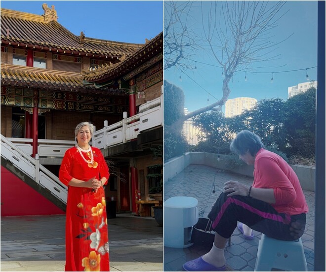 Diễm Hương chăm chút diện mạo cho mẹ ruột và được bà để ý chăm sóc từ những điều nhỏ nhất trong cuộc sống.