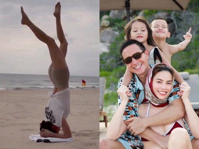 Hồ Ngọc Hà tranh thủ luyện động tác yoga khó nhằn khi đưa con đi biển