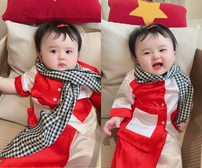 Con gái Hoa hậu Phương Lê và NSƯT Vũ Luân hóa thân thành cô giao liên nhí vào dịp lễ.