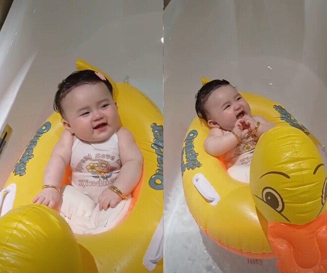 Con gái Hoa hậu Phương Lê và NSƯT Vũ Luân học bơi tại nhà.