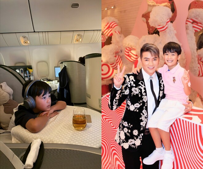 Ca sĩ Đàm Vĩnh Hưng khoe khoảnh khắc con trai ngồi trên máy bay, đi lưu diễn Mỹ cùng mình.