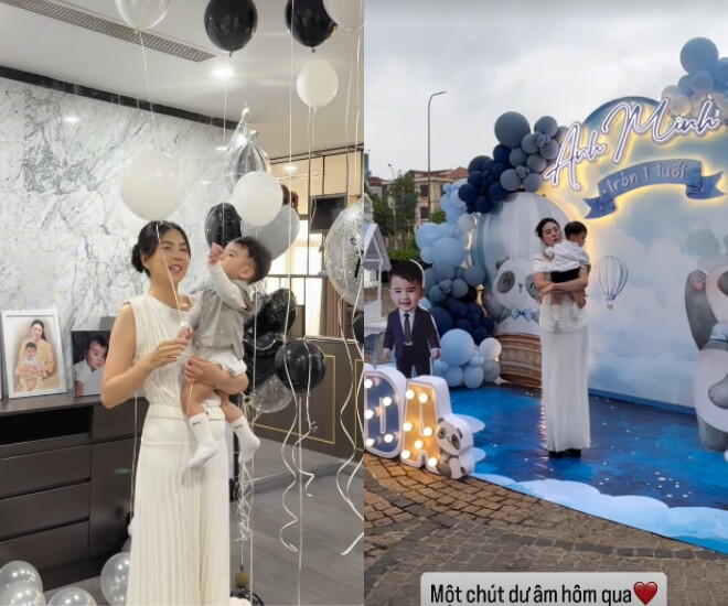 MC Mai Ngọc dùng bóng bay, trang trí biệt thự lung linh để mừng sinh nhật đầu tiên của bé Panda.
