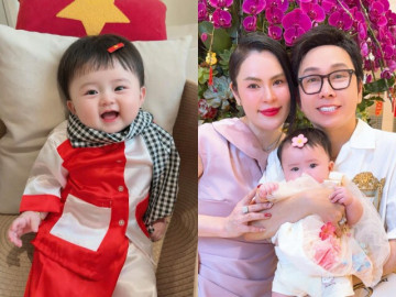 Con gái Hoa hậu Phương Lê hóa thân thành cô giao liên vào dịp lễ, bé Thụy Yên sở hữu cặp má "bánh bao" cực đáng yêu
