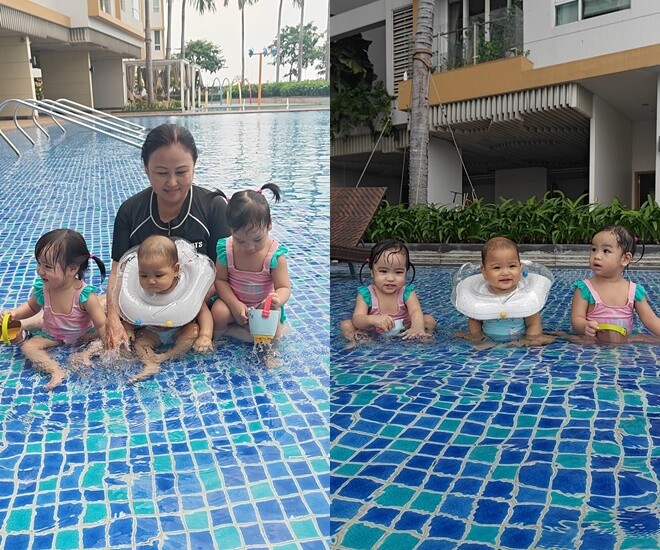 Con gái HHen Niê (ngồi giữa) đi bơi cùng bà nội.
