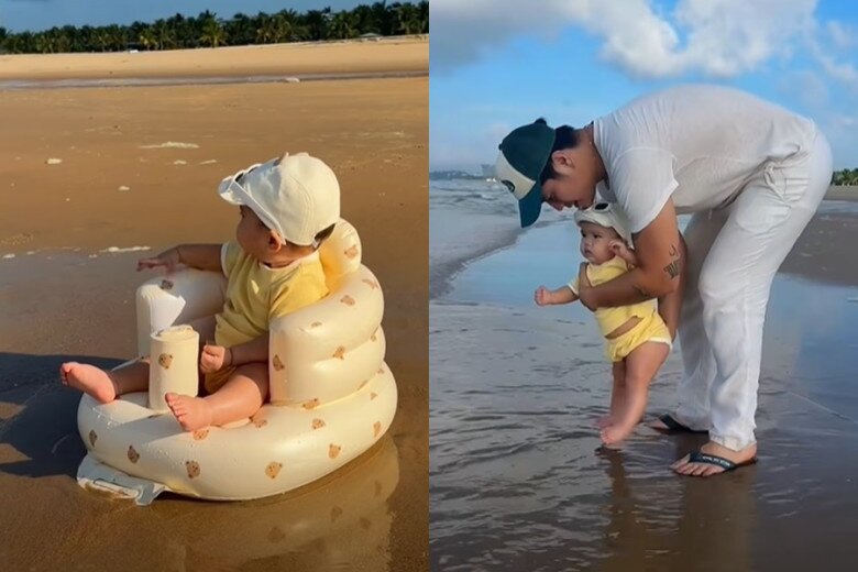 Bé Gạo được bố mẹ cho ra biển.