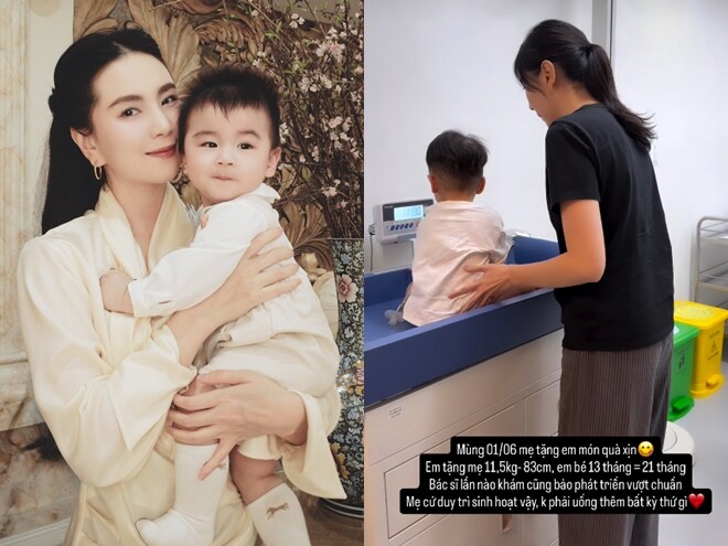 Mai Ngọc luôn chia sẻ sự phát triển qua từng ngày của con.