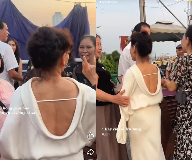 Bà Ngọc Hương khoe lưng trần săn chắc trong chuyến du lịch gặp gỡ bạn bè cũ. Chồng bà là ông Hồ Sỹ An mặc trang phục cùng tông với vợ.