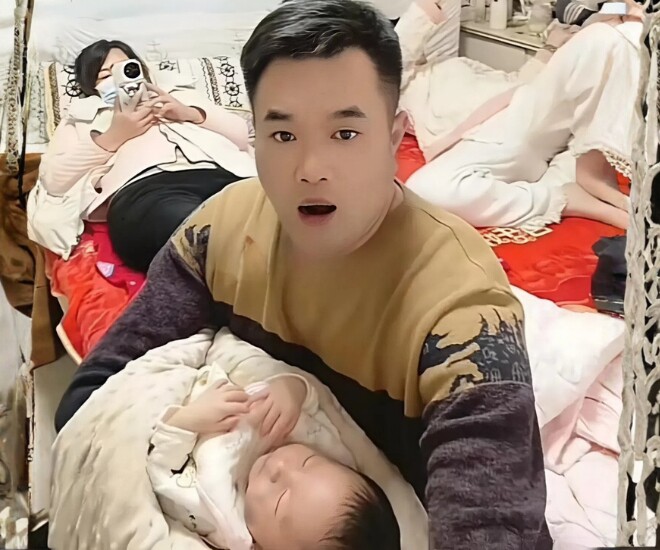 Anh Trần Vỹ, 38 tuổi bên cháu nội mới sinh.
