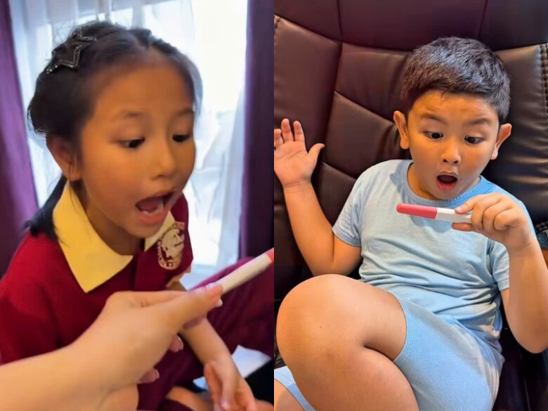 2 bé con lớn bất ngờ khi mẹ có thêm em.