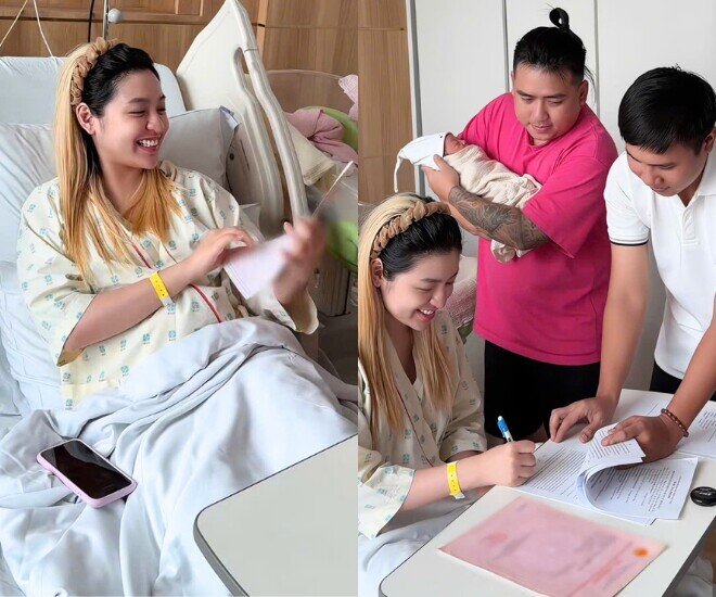 Trần Thanh Tâm tươi tắn dù mới vượt cạn, nhận quà khủng từ chồng - một quyển sổ đỏ ngay trong phòng sinh.