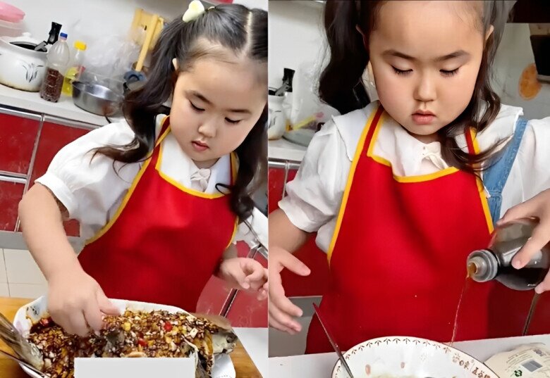 Bé gái xinh xắn nấu được nhiều món từ mặn đến ngọt.