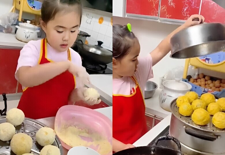 Em tỉ mỉ gói và hấp bánh bao cho mẹ đang mang thai.