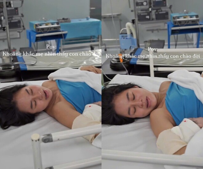 Hotmom 9X nằm trên bàn sinh vẫn xinh rạng rỡ.