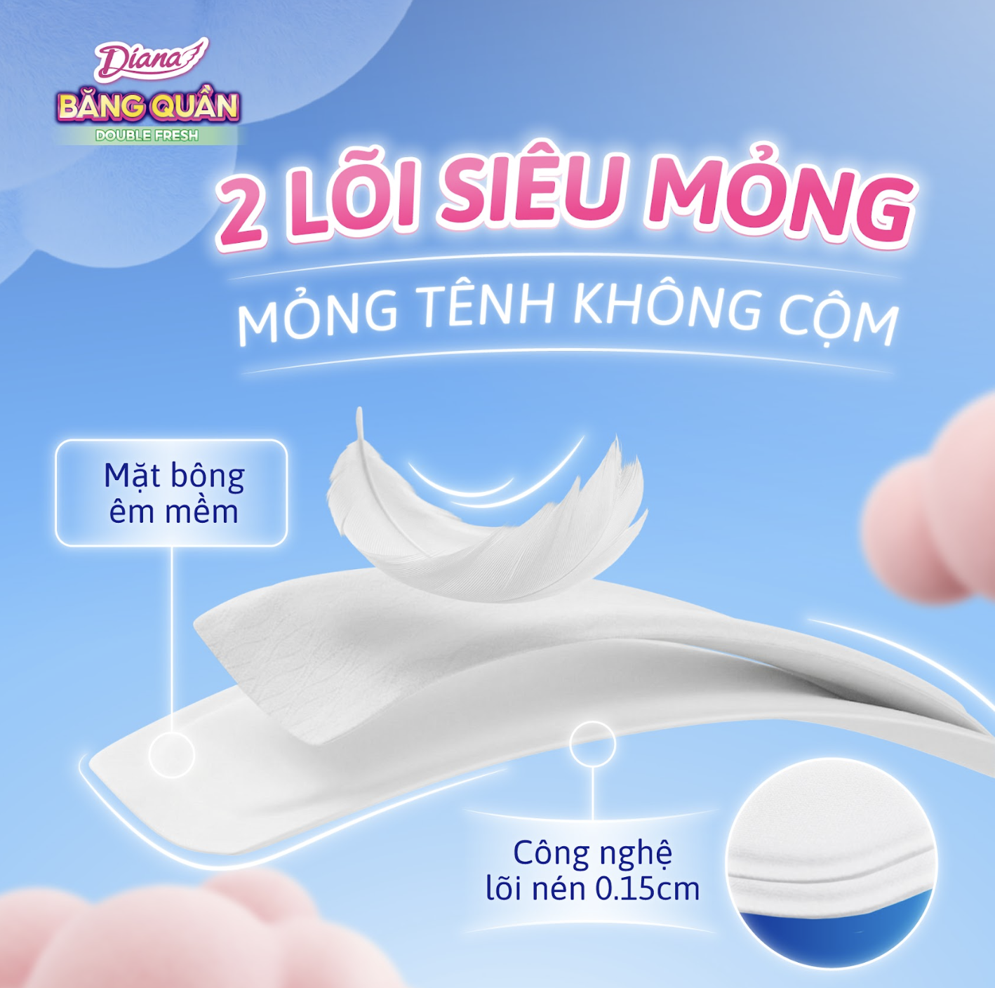 Bên cạnh thao tác thay mới tiện lợi, Diana Băng Quần Double Fresh 2 lõi còn được thiết kế siêu mỏng, giúp tăng cảm giác thoải mái khi dùng ban ngày.