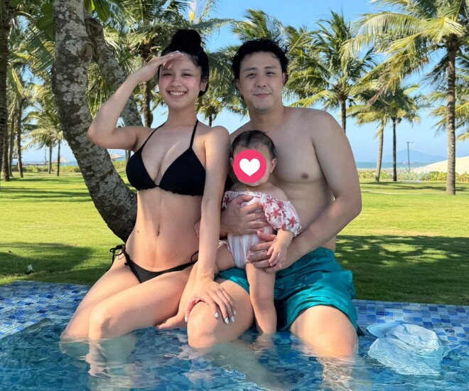 Hot girl Hàn Hằng khoe dáng sau sinh bên chồng thiếu gia Huyme và con đầu lòng.