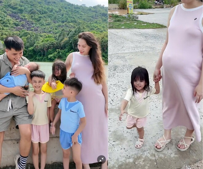 9X khoe bụng vượt mặt bên chồng và 4 bé con đủ nếp đủ tẻ.