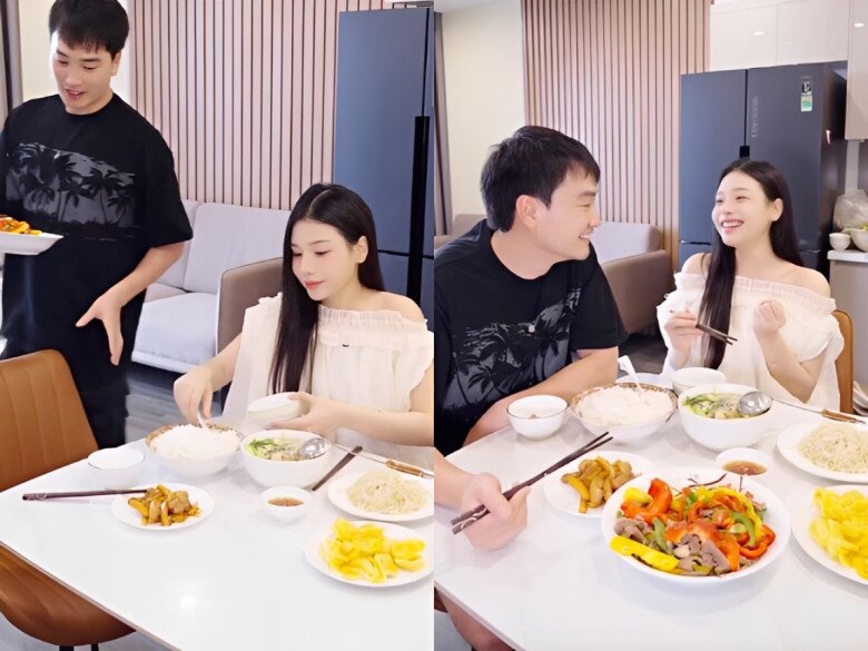 Bà bầu thích thú khi ăn món ông xã nấu.