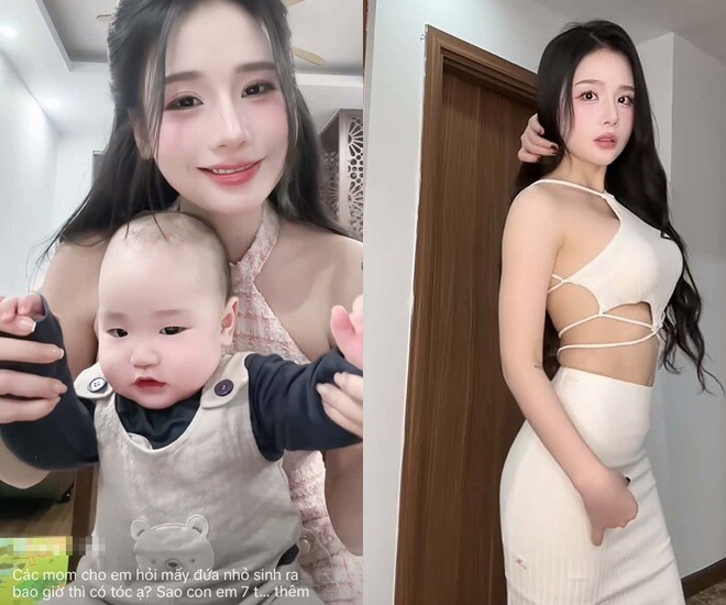 Vợ Trọng Lân khoe con trai, bày tỏ sự lo lắng vì bé ít tóc quá.