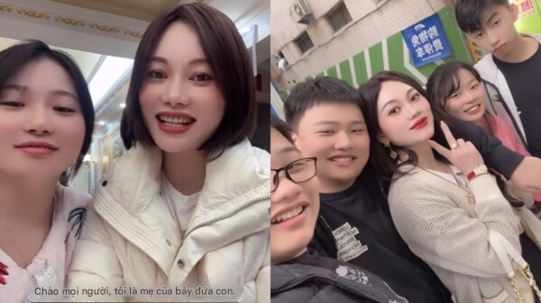 Người mẹ mặc áo khoác màu trắng, tóc ngắn ngang vai và những đứa con của cô.
