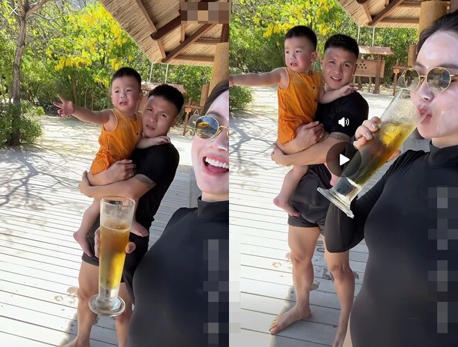 Quang Hải và vợ đại gia Chu Thanh Huyền đưa con đi trốn nóng ở Nha Trang, chồng chăm con, vợ thoải mái diện biniki khoe dáng - 3