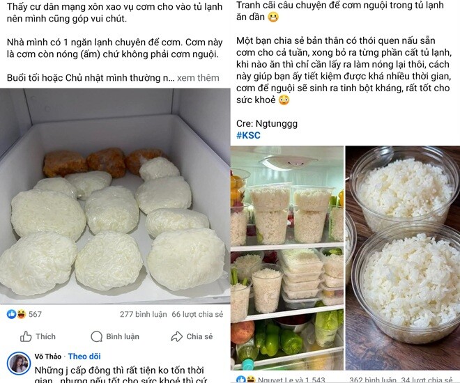 Rất nhiều người học theo trào lưu tích trữ cơm trong tủ lạnh để ăn dần. Ảnh chụp từ màn hình.
