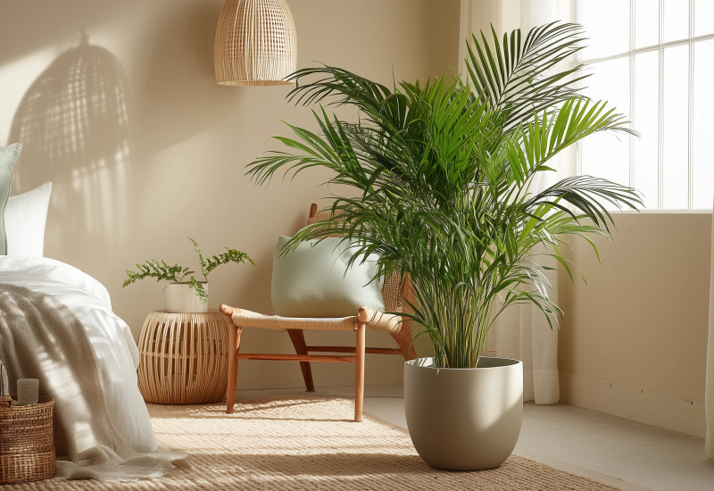 1. Cây cau cảnh được ví như “máy điều hòa tự nhiên” nhờ khả năng thoát hơi nước mạnh, giúp tăng độ ẩm và làm không khí trong phòng mát mẻ hơn. Ngoài công dụng làm mát, cây còn mang lại vẻ đẹp nhiệt đới, tạo cảm giác thư giãn và xanh tươi cho không gian sống. 