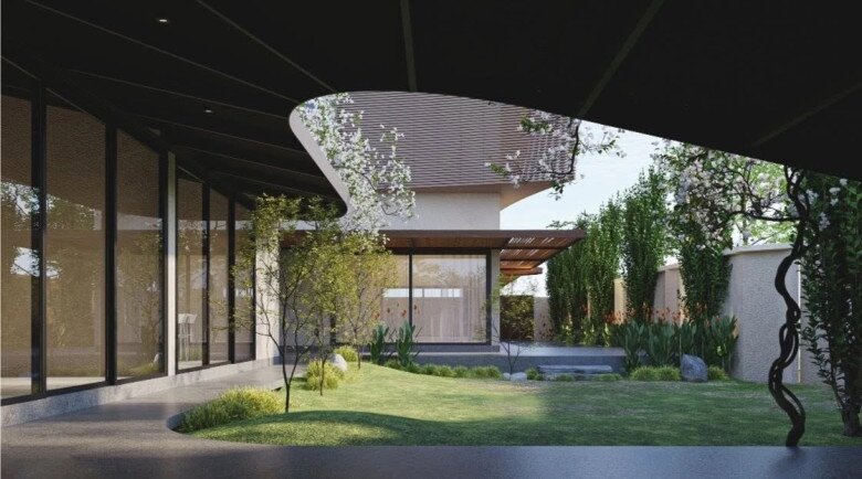 Bản phối cảnh 3D mặt tiền căn biệt thự thể hiện rõ nét phong cách farmhouse mộc mạc và gần gũi với thiên nhiên. Lối kiến trúc mở ưu tiên những đường cong mềm mại cùng khoảng sân cỏ rộng rãi để vui chơi.