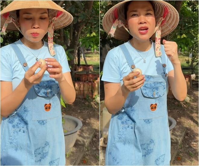 Chính cô cũng phải trầm trồ nhận xét về chất lượng nông sản của nhà mình: Ui nó ngon, ngọt ngây! Giống này là giống Thái, nó tróc vỏ luôn nè. Từ xưa mình thích ăn chôm chôm nhãn tại vì nó tróc vỏ mà nó rất ngon.